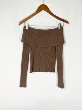 The Workshop Brown Ribbed Off The Shoulder Top Cropped Long Sleeve‎ Size Small